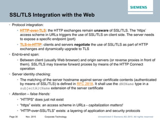 Unrestricted © Siemens AG 2015. All rights reservedPage 30 Nov. 2015 Corporate Technology
SSL/TLS Integration with the Web
• Protocol integration:
• HTTP-over-TLS: the HTTP exchanges remain unaware of SSL/TLS. The ‘https’
access scheme in URLs triggers the use of SSL/TLS on client side. The server needs
to expose a specific endpoint (port)
• TLS-in-HTTP: clients and servers negotiate the use of SSL/TLS as part of HTTP
exchanges and dynamically upgrade to TLS
• End-to-end span:
• Between client (usually Web browser) and origin servers (or reverse proxies in front of
them). SSL/TLS may traverse forward proxies by means of the HTTP Connect
operation
• Server identity checking:
• The matching of the server hostname against server certificate contents (authenticated
by means of SSL/TLS) is defined in RFC 2818. It shall use the dNSName type in a
subjectAltName extension of the server certificate
• Attention – false friends:
• “HTTPS” does just not exist
• “https” exists: an access scheme in URLs - capitalization matters!
• “HTTP-over-SSL/TLS” exists: a layering of application and security protocols
 