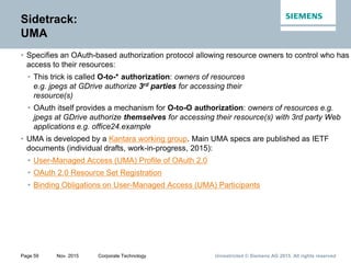 Unrestricted © Siemens AG 2015. All rights reservedPage 59 Nov. 2015 Corporate Technology
Sidetrack:
UMA
• Specifies an OAuth-based authorization protocol allowing resource owners to control who has
access to their resources:
• This trick is called O-to-* authorization: owners of resources
e.g. jpegs at GDrive authorize 3rd parties for accessing their
resource(s)
• OAuth itself provides a mechanism for O-to-O authorization: owners of resources e.g.
jpegs at GDrive authorize themselves for accessing their resource(s) with 3rd party Web
applications e.g. office24.example
• UMA is developed by a Kantara working group. Main UMA specs are published as IETF
documents (individual drafts, work-in-progress, 2015):
• User-Managed Access (UMA) Profile of OAuth 2.0
• OAuth 2.0 Resource Set Registration
• Binding Obligations on User-Managed Access (UMA) Participants
 