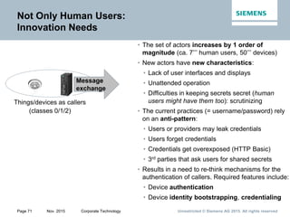 Unrestricted © Siemens AG 2015. All rights reservedPage 71 Nov. 2015 Corporate Technology
Things/devices as callers
(classes 0/1/2)
Not Only Human Users:
Innovation Needs
• The set of actors increases by 1 order of
magnitude (ca. 7’’’ human users, 50’’’ devices)
• New actors have new characteristics:
• Lack of user interfaces and displays
• Unattended operation
• Difficulties in keeping secrets secret (human
users might have them too): scrutinizing
• The current practices (= username/password) rely
on an anti-pattern:
• Users or providers may leak credentials
• Users forget credentials
• Credentials get overexposed (HTTP Basic)
• 3rd parties that ask users for shared secrets
• Results in a need to re-think mechanisms for the
authentication of callers. Required features include:
• Device authentication
• Device identity bootstrapping, credentialing
Message
exchange
 