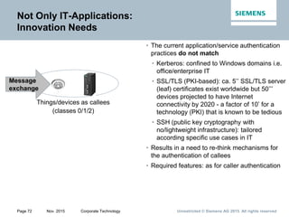 Unrestricted © Siemens AG 2015. All rights reservedPage 72 Nov. 2015 Corporate Technology
Not Only IT-Applications:
Innovation Needs
• The current application/service authentication
practices do not match
• Kerberos: confined to Windows domains i.e.
office/enterprise IT
• SSL/TLS (PKI-based): ca. 5’’ SSL/TLS server
(leaf) certificates exist worldwide but 50’’’
devices projected to have Internet
connectivity by 2020 - a factor of 10’ for a
technology (PKI) that is known to be tedious
• SSH (public key cryptography with
no/lightweight infrastructure): tailored
according specific use cases in IT
• Results in a need to re-think mechanisms for
the authentication of callees
• Required features: as for caller authentication
Things/devices as callees
(classes 0/1/2)
Message
exchange
 