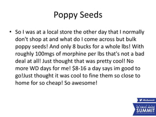 Poppy Seeds
• So I was at a local store the other day that I normally
don't shop at and what do I come across but bulk
poppy seeds! And only 8 bucks for a whole lbs! With
roughly 100mgs of morphine per lbs that's not a bad
deal at all! Just thought that was pretty cool! No
more WD days for me! $8-16 a day says im good to
go!Just thought it was cool to fine them so close to
home for so cheap! So awesome!
 