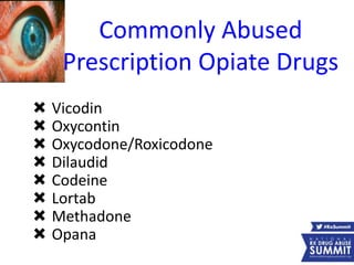 Commonly Abused
Prescription Opiate Drugs
 Vicodin
 Oxycontin
 Oxycodone/Roxicodone
 Dilaudid
 Codeine
 Lortab
 Methadone
 Opana
 