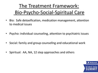 The Treatment Framework:
Bio-Psycho-Social-Spiritual Care
• Bio: Safe detoxification, medication management, attention
to medical issues
• Psycho: individual counseling, attention to psychiatric issues
• Social: family and group counsellng and educational work
• Spiritual: AA, NA, 12 step approaches and others
 