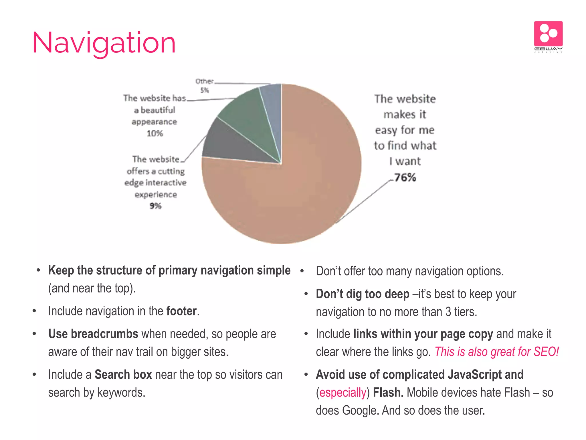 •  Keep the structure of primary navigation simple
(and near the top).
•  Include navigation in the footer.
•  Use breadcrumbs when needed, so people are
aware of their nav trail on bigger sites.
•  Include a Search box near the top so visitors can
search by keywords.
•  Don’t offer too many navigation options.
•  Don’t dig too deep –it’s best to keep your
navigation to no more than 3 tiers.
•  Include links within your page copy and make it
clear where the links go. This is also great for SEO!
•  Avoid use of complicated JavaScript and
(especially) Flash. Mobile devices hate Flash – so
does Google. And so does the user.
Navigation
 
