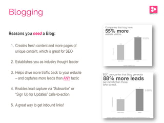 Reasons you need a Blog:
1.  Creates fresh content and more pages of
unique content, which is great for SEO
2.  Establishes you as industry thought leader
3.  Helps drive more traffic back to your website
– and captures more leads than ANY tactic
4.  Enables lead capture via “Subscribe” or
“Sign Up for Updates” calls-to-action
5.  A great way to get inbound links!
Blogging
 