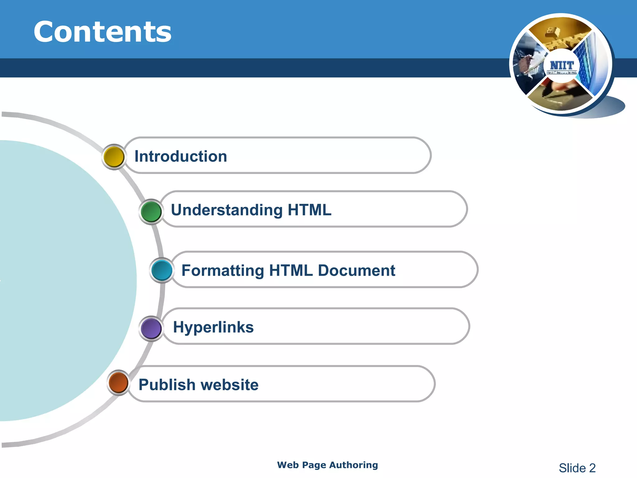 Contents Web Page Authoring Slide  Publish website Hyperlinks Formatting HTML Document Understanding HTML Introduction 