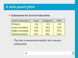 A web panel pilot
 Estimation for level of education
‐ The bias is somewhat smaller, but remains
substantial.
23
Level of education Panel Weighted OViN
Primary 2.6 4.3 5.5
Lower secondary 15.2 16.5 21.0
Higher secondary 34.4 35.8 37.6
Bachelor/master 45.5 40.6 33.6
 
