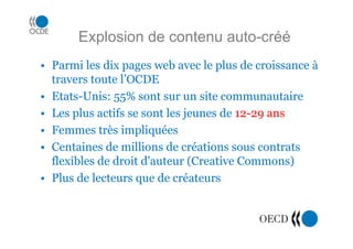 Explosion de contenu auto-créé
• Parmi les dix pages web avec le plus de croissance à
travers toute l’OCDE
• Etats-Unis: 55% sont sur un site communautaire
• Les plus actifs se sont les jeunes de 12-29 ans
• Femmes très impliquées
• Centaines de millions de créations sous contrats
flexibles de droit d'auteur (Creative Commons)
• Plus de lecteurs que de créateurs
 
