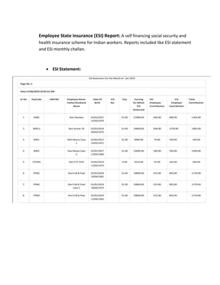Employee State Insurance (ESI) Report: A self financing social security and
health insurance scheme for Indian workers. Reports included like ESI statement
and ESI monthly challan.
 ESI Statement:

 