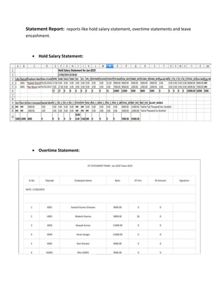 Statement Report: reports like hold salary statement, overtime statements and leave
encashment.
 Hold Salary Statement:
 Overtime Statement:
 