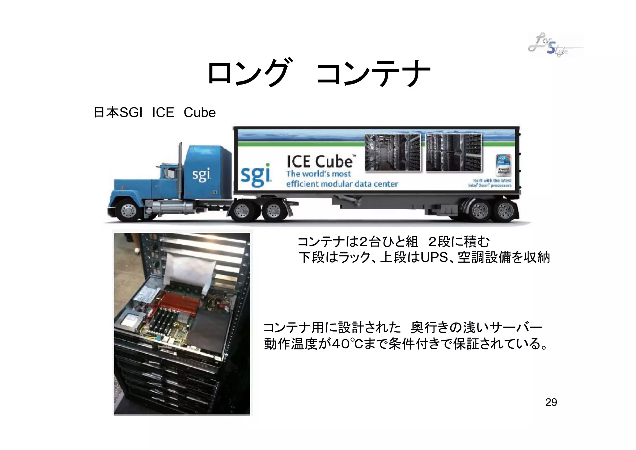 ロング コンテナ
日本SGI ICE Cube




                   コンテナは２台ひと組 ２段に積む
                   下段はラック、上段はUPS、空調設備を収納




                 コンテナ用に設計された 奥行きの浅いサーバー
                 動作温度が４０℃まで条件付きで保証されている。



                                       29
 