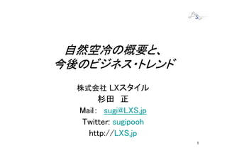自然空冷の概要と、
今後のビジネス・トレンド
  株式会社 LXスタイル
       杉田 正
  Mail： sugi@LXS.jp
  Twitter: sugipooh
    http://LXS.jp
                      1
 