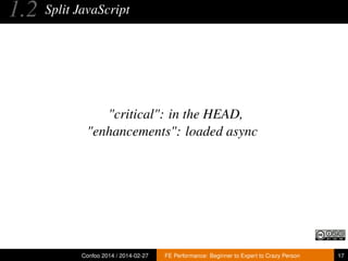 1.2

Split JavaScript

"critical": in the HEAD,
"enhancements": loaded async

Confoo 2014 / 2014-02-27

FE Performance: Beginner to Expert to Crazy Person

17

 