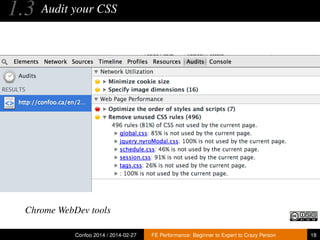 1.3

Audit your CSS

Chrome WebDev tools
Confoo 2014 / 2014-02-27

FE Performance: Beginner to Expert to Crazy Person

18

 