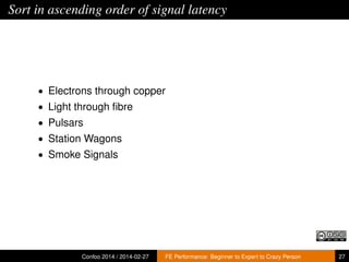 Sort in ascending order of signal latency

• Electrons through copper
• Light through ﬁbre
• Pulsars
• Station Wagons
• Smoke Signals

Confoo 2014 / 2014-02-27

FE Performance: Beginner to Expert to Crazy Person

27

 