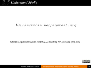 2.5 Understand 3PoFs

Use blackhole.webpagetest.org

http://blog.patrickmeenan.com/2011/10/testing-for-frontend-spof.html

Confoo 2014 / 2014-02-27

FE Performance: Beginner to Expert to Crazy Person

34

 