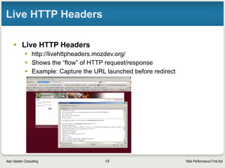 Web Performance First AidAlan Seiden Consulting
Create a favicon for your site
• Browsers always look for a file called favicon.ico in
your document root
• Those little icons that appear in the browser
• Once found, will be “remembered” by browser
• If not found, will be requested every time
• How to create a favicon:
§ http://www.alanseiden.com/2007/05/25/brand-your-site-with-a-
favicon/
19
 
