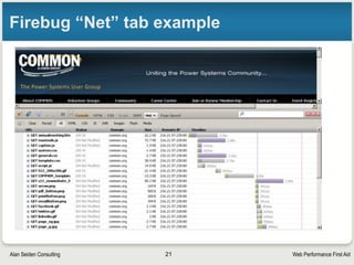 Web Performance First AidAlan Seiden Consulting
Keep HTTP connections alive
‣ Enable “KeepAlive” setting in Apache
‣ The TCP connection will stay open, waiting for you
‣ Good when downloading many images, css, js files
‣ You’ll reduce the number of three-way “handshakes” that
establish a connection
‣ Even more important with longer SSL handshakes
21
 