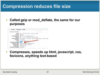 Web Performance First AidAlan Seiden Consulting
What you see when Keep-alive is on
• Firebug’s “Net” tab shows “Connection: Keep-
Alive”, and, here, timeout=300 seconds (5 minutes)
• Zero seconds to connect
• Keep-alive is working!
24
 