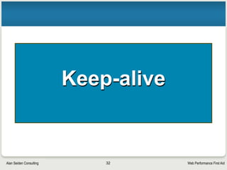 Web Performance First AidAlan Seiden Consulting
AJAX mistake #1
• Too much of a good thing
§ Requiring several AJAX requests to complete before the page
itself can load fully
§ Too many HTTP requests at once
§ I’ve seen a situation where 4 AJAX requests were embedded in
a page load
• The AJAX doesn’t even start till the page loads
• Causes “blocking” as the requests pile up, waiting for the previous
ones to complete
• Sessions may be shared by all AJAX calls, so locks can occur
§ Solution: when page first loads, embed AJAX content in the page
• Re-use logic on the server side when building page
• Subsequent updates can be done with AJAX
32
 