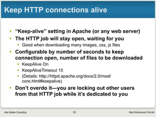 Web Performance First AidAlan Seiden Consulting
AJAX mistake #2
• Duplicate requests
§ Might go unnoticed with javascript library tools (Dojo, jQuery...)
§ Happens more than you would expect! Common, actually
33
 