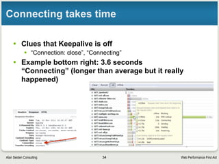 Web Performance First AidAlan Seiden Consulting
AJAX mistake #3
• Dynamically generating static content (don’t do that)
• Especially JSON to feed dropdown widgets
• Solutions:
• Change to static files
• Cache URLs (e.g. with Zend Page Cache if using PHP, or Apache
caching) See example below, before and after caching
• (Apologies for blurring: protecting confidentiality)
34
 