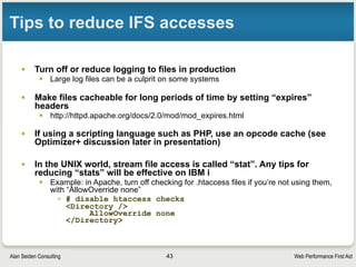 Web Performance First AidAlan Seiden Consulting
Page Speed add-on
• Page Speed add-on to Firebug, from Google
§ http://code.google.com/speed/page-speed/
§ http://code.google.com/speed/page-speed/download.html
§ Analyzes your site, suggests performance techniques
43
 
