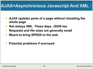 Web Performance First AidAlan Seiden Consulting
Page Speed Insights by Google
45
https://developers.google.com/speed/pagespeed/insights
 