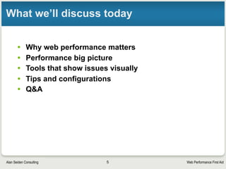 Web Performance First AidAlan Seiden Consulting
Why I started to focus on web front end
• Clients called me in for performance help
• Assumed drag was on the server, PHP/DB2
• BUT many of the problems were in the front end
(HTML, JS, CSS)
• Today’s complex web and mobile applications
require attention to front-end performance
Let’s start with the basics
5
 