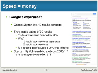 Web Performance First AidAlan Seiden Consulting
Request-response protocol
• Client (browser) requests a file; server responds
• One file at a time (at most 2–6 in parallel)
• Browser requests HTML file, then as it parses HTML,
finds other file names to request (images, css, js...)
7
 