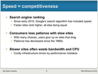 Web Performance First AidAlan Seiden Consulting
Each request passes through several
layers
8
 