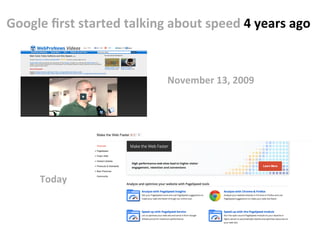 November	
  13,	
  2009	
  
Google	
  ﬁrst	
  started	
  talking	
  about	
  speed	
  4	
  years	
  ago	
  
Today	
  
 