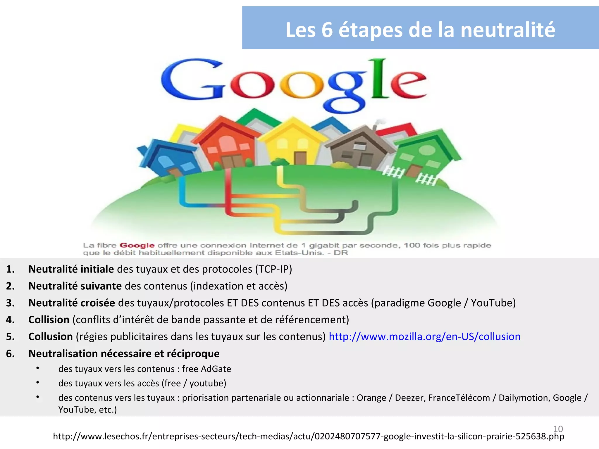 Les 6 étapes de la neutralité




1.   Neutralité initiale des tuyaux et des protocoles (TCP-IP)
2.   Neutralité suivante des contenus (indexation et accès)
3.   Neutralité croisée des tuyaux/protocoles ET DES contenus ET DES accès (paradigme Google / YouTube)
4.   Collision (conflits d’intérêt de bande passante et de référencement)
5.   Collusion (régies publicitaires dans les tuyaux sur les contenus) http://www.mozilla.org/en-US/collusion
6.   Neutralisation nécessaire et réciproque
      •    des tuyaux vers les contenus : free AdGate
      •    des tuyaux vers les accès (free / youtube)
      •    des contenus vers les tuyaux : priorisation partenariale ou actionnariale : Orange / Deezer, FranceTélécom / Dailymotion, Google /
           YouTube, etc.)
                                                                                                                                10
          http://www.lesechos.fr/entreprises-secteurs/tech-medias/actu/0202480707577-google-investit-la-silicon-prairie-525638.php
 