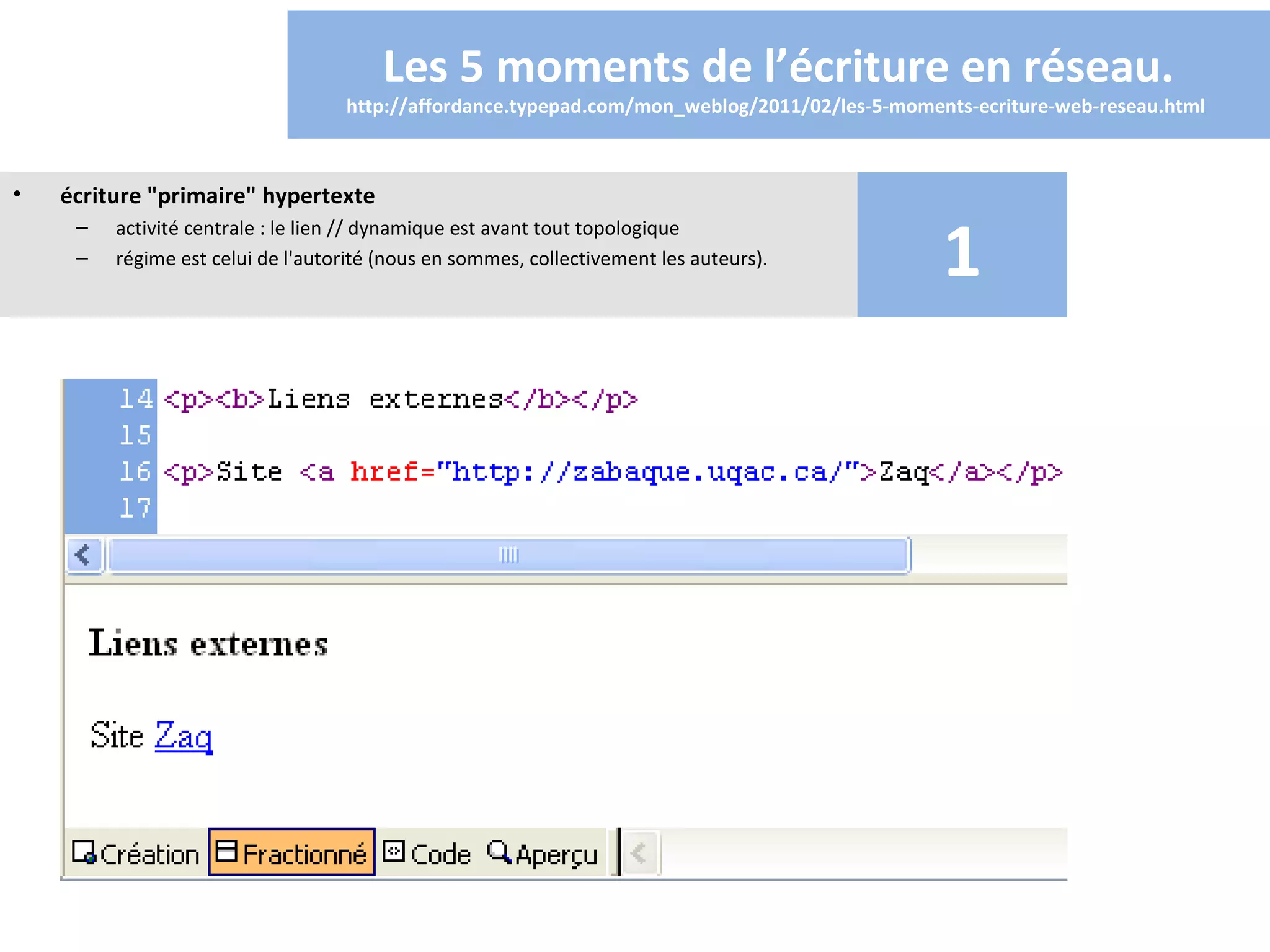 Les 5 moments de l’écriture en réseau.
                                   http://affordance.typepad.com/mon_weblog/2011/02/les-5-moments-ecriture-web-reseau.html 



•   écriture "primaire" hypertexte

                                                                                               1
     –   activité centrale : le lien // dynamique est avant tout topologique
     –   régime est celui de l'autorité (nous en sommes, collectivement les auteurs).
 