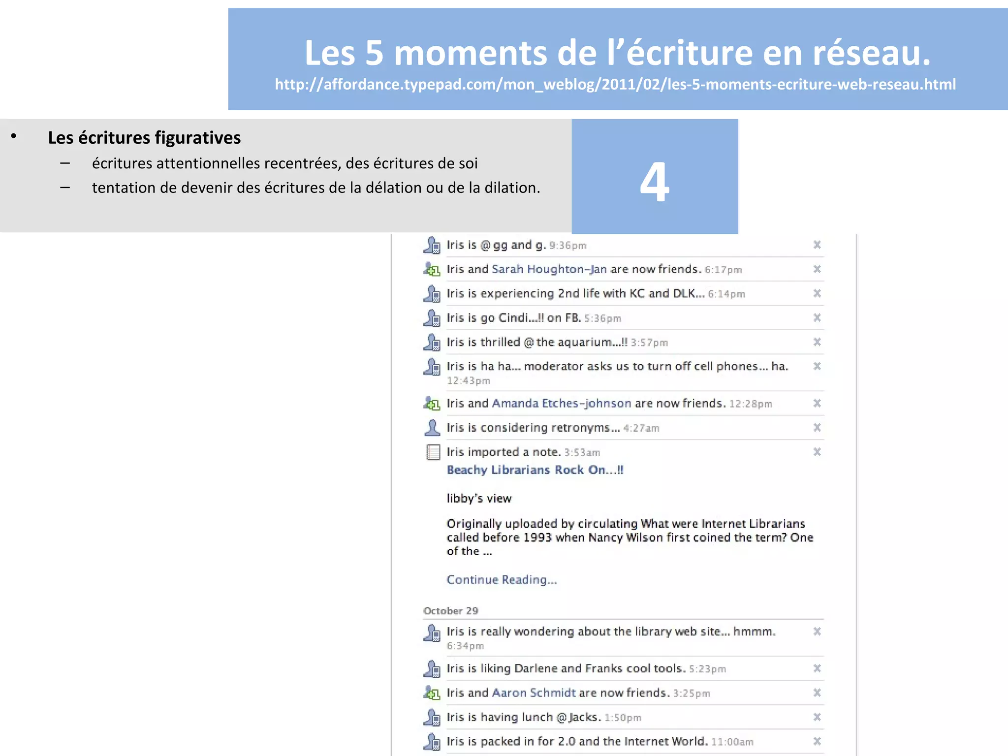 Les 5 moments de l’écriture en réseau.
                                    http://affordance.typepad.com/mon_weblog/2011/02/les-5-moments-ecriture-web-reseau.html


•   Les écritures figuratives

                                                                                  4
     –   écritures attentionnelles recentrées, des écritures de soi
     –   tentation de devenir des écritures de la délation ou de la dilation.
 