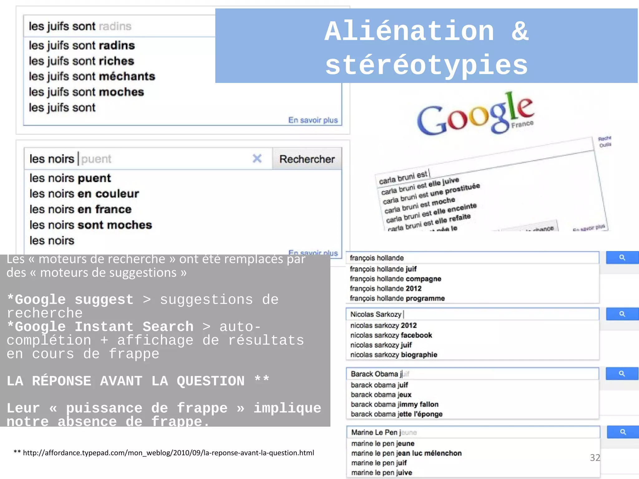 Aliénation &
                                                                                         stéréotypies




Les « moteurs de recherche » ont été remplacés par
des « moteurs de suggestions »
*Google suggest > suggestions de
recherche
*Google Instant Search > auto-
complétion + affichage de résultats
en cours de frappe
LA RÉPONSE AVANT LA QUESTION **
Leur « puissance de frappe » implique
notre absence de frappe.

 ** http://affordance.typepad.com/mon_weblog/2010/09/la-reponse-avant-la-question.html
                                                                                                        32
 