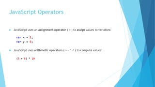 JavaScript Operators
 JavaScript uses an assignment operator ( = ) to assign values to variables:
 JavaScript uses arithmetic operators ( + - * / ) to compute values:
 