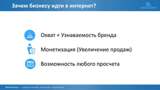 Зачем бизнесу идти в интернет?
Охват + Узнаваемость бренда
Монетизация (Увеличение продаж)
Возможность любого просчета
 