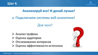 Шаг 4.
Анализируй все! И делай лучше!
а. Подключаем системы веб-аналитики!
Для чего?
 Анализ трафика
 Оценка аудитории
 Отслеживание интересов
 Оценка эффективности источника
 
