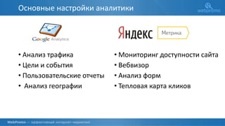 • Анализ трафика
• Цели и события
• Пользовательские отчеты
• Анализ географии
• Мониторинг доступности сайта
• Вебвизор
• Анализ форм
• Тепловая карта кликов
Основные настройки аналитики
 
