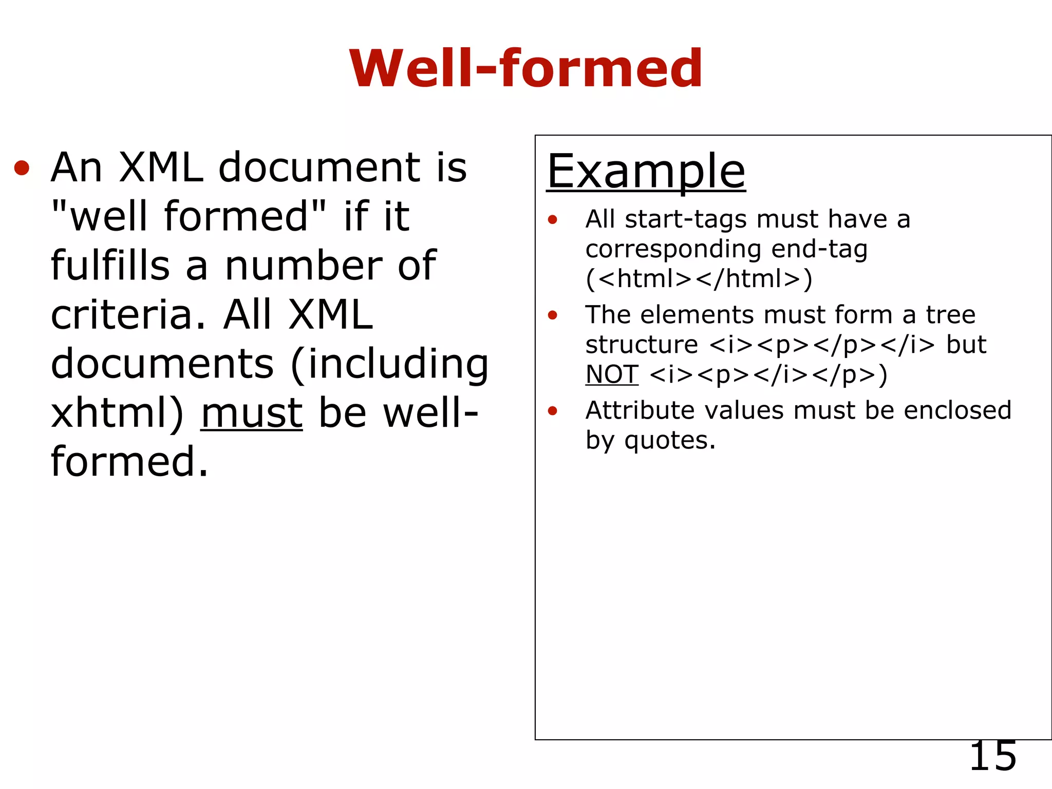 Well-formed An XML document is "well formed" if it fulfills a number of criteria. All XML documents (including xhtml)  must  be well-formed. Example All start-tags must have a corresponding end-tag (<html></html>) The elements must form a tree structure <i><p></p></i> but  NOT  <i><p></i></p>) Attribute values must be enclosed by quotes. 