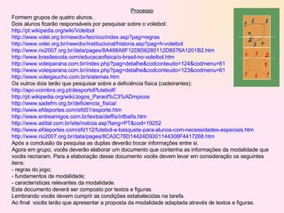 Processo Formem grupos de quatro alunos. Dois alunos ficarão responsáveis por pesquisar sobre o voleibol: http://pt.wikipedia.org/wiki/Voleibol http://www.volei.org.br/newcbv/tecnico/index.asp ? pag =regras http://www.volei.org.br/newcbv/institucional/historia.asp ? pag =h-voleibol http://www.rio2007.org.br/data/pages/8A488A8F12D856280112D8576A1201B2.htm http://www.brasilescola.com/educacaofisica/o-brasil-no-voleibol.htm http://www.voleiparana.com.br/index . php ? pag =detalhe&codconteudo=124& codmenu =61 http://www.voleiparana.com.br/index . php ? pag =detalhe&codconteudo=123& codmenu =61 http://www.voleigaucho.com.br/sistemas.htm Os outros dois terão que pesquisar sobre a deficiência física (cadeirantes): http://apc-coimbra.org.pt/desportof/futebolf/ http://pt.wikipedia.org/wiki/Jogos_Paraol %C3% ADmpicos http://www.sadefrn.org.br/deficiencia_fisica/ http://www.efdeportes.com/efd51/esporte.htm http://www.entreamigos.com.br/textos/deffis/infbafis.htm http://www.adital.com.br/site/noticia.asp ? lang =PT&cod=19252 http://www.efdeportes.com/efd112/futebol-e-basquete-para-alunos-com-necessidades-especiais.htm http://www.rio2007.org.br/data/pages/8CA3C78D14424D9301144308F4417268.htm Após a conclusão da pesquisa as duplas deverão trocar informações entre si.   Agora em grupo, vocês deverão elaborar um documento que contenha as informações da modalidade que vocês recriaram. Para a elaboração desse documento vocês devem levar em consideração os seguintes itens: - regras do jogo; - fundamentos da modalidade; - características relevantes da modalidade. Este documento deverá ser composto por textos e figuras. Lembrando vocês devem cumprir as condições estabelecidas na tarefa. Ao final  vocês terão que apresentar a proposta da modalidade adaptada através de textos e figuras. 