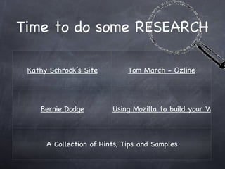 Time to do some RESEARCH Kathy Schrock’s Site Tom March - Ozline Bernie Dodge Using Mozilla to build your WebQuest A Collection of Hints, Tips and Samples 