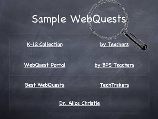 Sample WebQuests K-12 Collection by Teachers WebQuest Portal by BPS Teachers Best WebQuests TechTrekers Dr. Alice Christie 