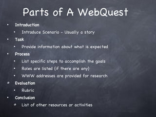 Parts of A WebQuest  Introduction Introduce Scenario - Usually a story Task Provide information about what is expected Process List specific steps to accomplish the goals Roles are listed (if there are any) WWW addresses are provided for research Evaluation Rubric Conclusion List of other resources or activities 