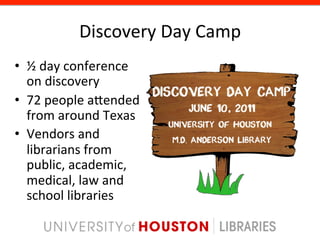 Discovery	
  Day	
  Camp	
  
•  ½	
  day	
  conference	
  
   on	
  discovery	
  
•  72	
  people	
  agended	
  
   from	
  around	
  Texas	
  
•  Vendors	
  and	
  
   librarians	
  from	
  
   public,	
  academic,	
  
   medical,	
  law	
  and	
  
   school	
  libraries	
  
 