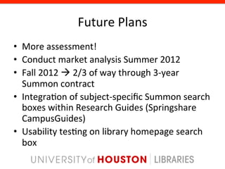 Future	
  Plans	
  
•  More	
  assessment!	
  
•  Conduct	
  market	
  analysis	
  Summer	
  2012	
  
•  Fall	
  2012	
  à	
  2/3	
  of	
  way	
  through	
  3-­‐year	
  
   Summon	
  contract	
  
•  Integra8on	
  of	
  subject-­‐speciﬁc	
  Summon	
  search	
  
   boxes	
  within	
  Research	
  Guides	
  (Springshare	
  
   CampusGuides)	
  
•  Usability	
  tes8ng	
  on	
  library	
  homepage	
  search	
  
   box	
  
 