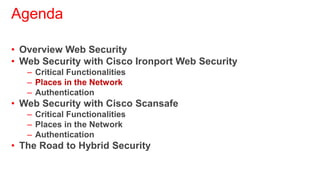 Agenda

• Overview Web Security
• Web Security with Cisco Ironport Web Security
   – Critical Functionalities
   – Places in the Network
   – Authentication
• Web Security with Cisco Scansafe
   – Critical Functionalities
   – Places in the Network
   – Authentication
• The Road to Hybrid Security
 