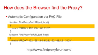 How does the Browser find the Proxy?
 Automatic Configuration via PAC File
  function FindProxyForURL(url, host)
   {
     return "PROXY 192.168.1.80:3128";
   }
  function FindProxyForURL(url, host)
   {
     return "PROXY 192.168.1.80:3128; 192.168.1.81:3128";
   }

                 http://www.findproxyforurl.com/
 