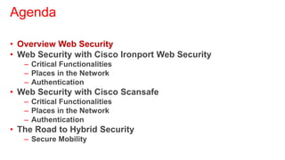 Agenda

• Overview Web Security
• Web Security with Cisco Ironport Web Security
   – Critical Functionalities
   – Places in the Network
   – Authentication
• Web Security with Cisco Scansafe
   – Critical Functionalities
   – Places in the Network
   – Authentication
• The Road to Hybrid Security
   – Secure Mobility
 